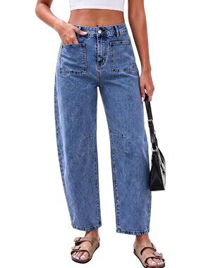 Women's Blue High Waisted Patch Pocket Baggy Stretch Wide Leg Denim Pants